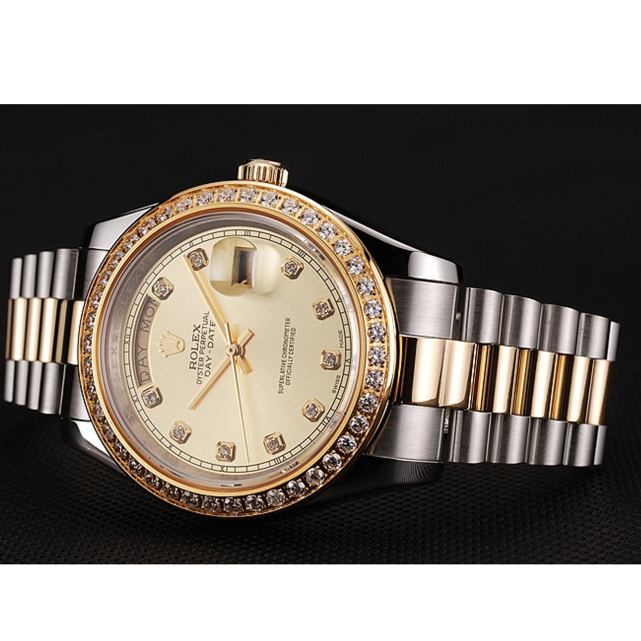Aaa replica watch Rolex Tone Gold Dial Champagne Case Swiss 1453974 Diamond Day-Date Stainless Steel Two Bracelet 0520